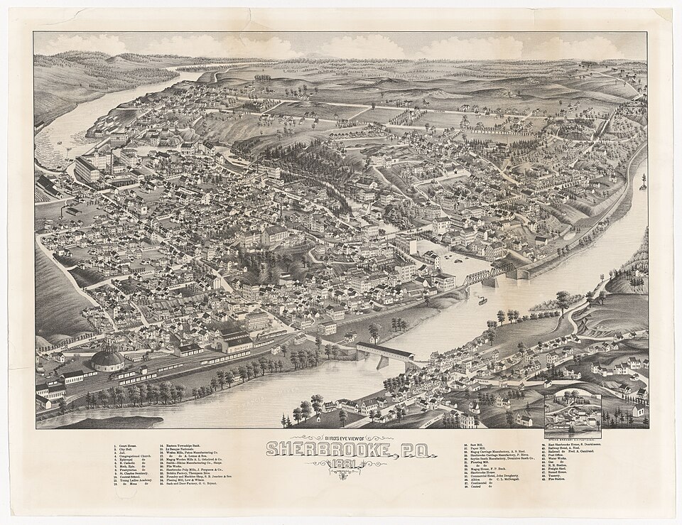 Vue aérienne historique de Sherbrooke (1881)